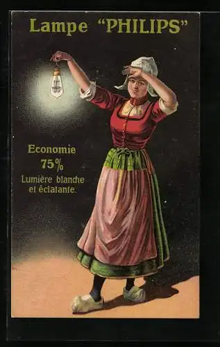 Lithographie Reklame Philips, Niederlande, junge Frau in Trachten mit einer Glühlampe