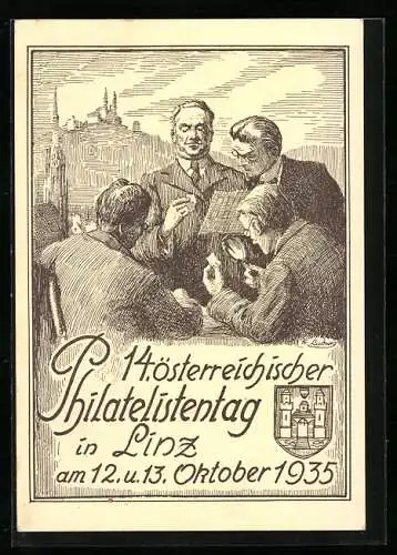 Künstler-AK Linz, 14. österreichischer Philatelistentag Oktober 1935, Männer beim Tausch, Wappen, Ausstellung