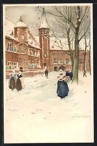 Künstler-Lithographie Henri Cassiers: Middelbourg, winterliche Ortspartie