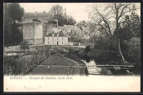 AK Chimay, Terrasse du Château, vu du pont
