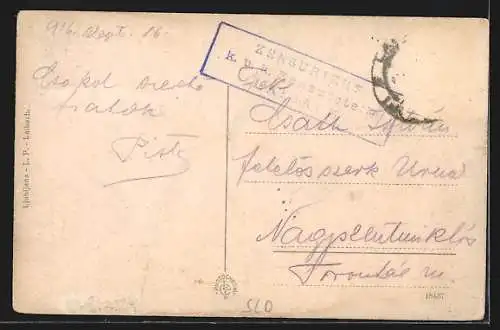 AK Laibach, Ortsansicht mit Feste in der Dämmerung