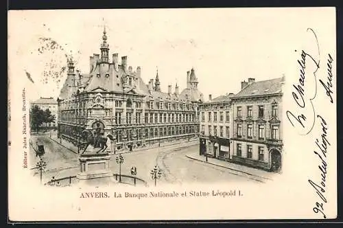 AK Anvers, La Banque Nationale et Statue Léopold 1.