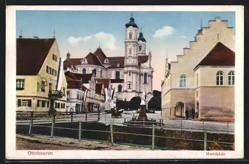 AK Ottobeuren, Marktplatz mit Kirche und Denkmal