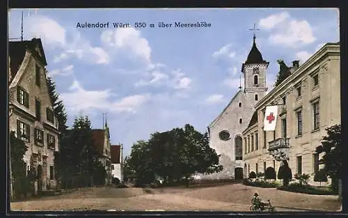 AK Aulendorf /Württ., Strassenpartie mit Kirche