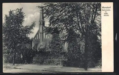 AK Wunstorf, Bahnhofstrasse mit Katholischer Kirche