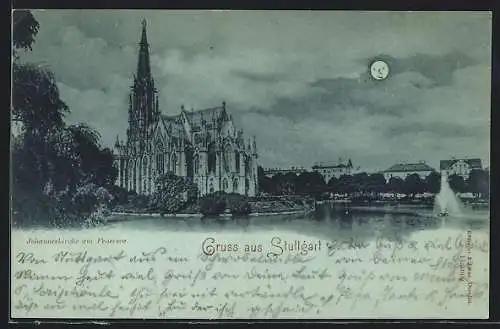 Mondschein-AK Stuttgart, Uferpartie mit Kirche