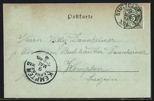 Mondschein-AK Stuttgart, Uferpartie mit Kirche