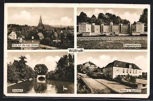 AK Wülfrath, Blick auf die Kirche, Stadtteich, Kriegerehrenmal
