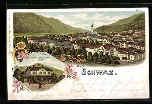 Lithographie Schwaz, Bahnhofsrestaurant Hölzl, Blick zum Ort