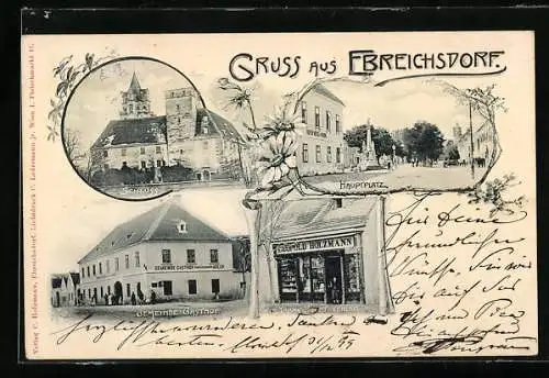AK Ebreichsdorf, Gemeinde Gasthof, Geschäft von Leopold Holzmann, Hauptplatz mit Hotel zur Krone