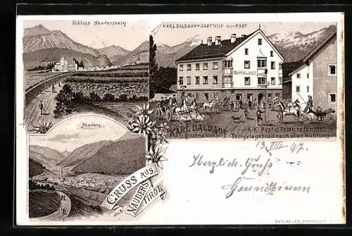 Lithographie Nauders, Gasthof zur Post v. K. Baldauf, Schloss Naudersberg, Ortsansicht, Pferdekutschen