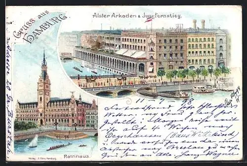 Lithographie Hamburg, Alster-Arkaden & Jungfernstieg, Rathaus