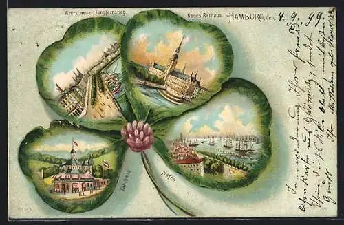Passepartout-Lithographie Hamburg, Ansichten in Kleeblättern, Alter u. neuer Jungfernstieg, Rathaus, Fährhaus, Hafen