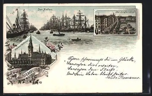 Lithographie Hamburg, Alter Jungfernstieg, Hafen und das neue Rathaus