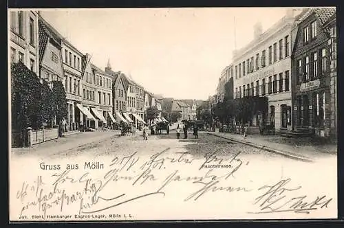 AK Mölln / Lauenburg, Passanten und Pferdekarren auf der Hauptstrasse