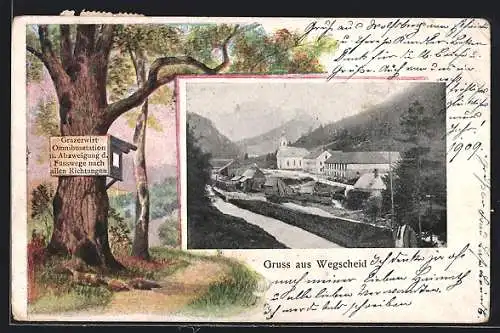 Lithographie Mariazell, Wegscheid, Baum mit Schild zum Gasthaus Grazerwirt, Passepartout