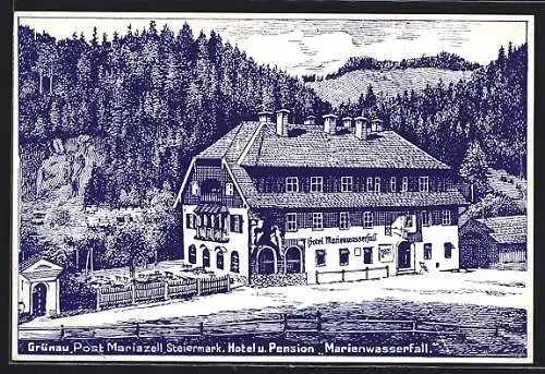 Künstler-AK Mariazell /Steiermark, Grünau, Hotel und Pension Marienwasserfall