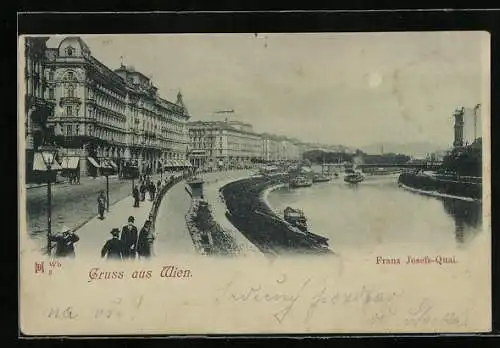 Mondschein-AK Wien, Franz Josefs-Quai, Donaukanal-Dampfer und Flaneure