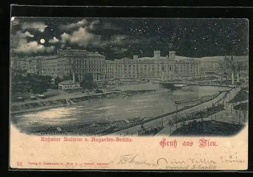 Mondschein-AK Wien, Rossauer Kaserne und Augarten-Brücke bei Nacht