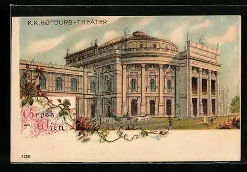 Lithographie Wien, K. K. Hofburg-Theater, ins Motiv ragende Ranke