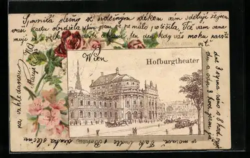Lithographie Wien, Hofburgtheater, gerahmt von Blumen