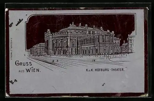 Lithographie Wien, K. u. K. Hofburg-Theater, rot auf silber