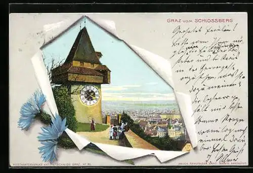 AK Graz, Blick vom Schlossberg, Kornblumen