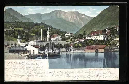 AK Ebensee, Dampfer am Landungsplatz, Panorama