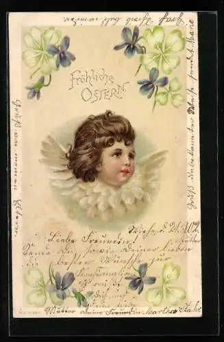 Künstler-AK Osterengel umgeben von Kleeblättern und Veilchen