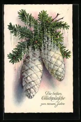 Künstler-AK Weisse Tannenzapfen und Zweige zu Neujahr