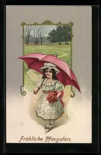 Präge-AK Junges Mädchen zu Pfingsten mit Schirm und Blumenstrauss