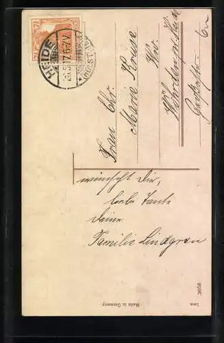 Präge-AK Junges Mädchen zu Pfingsten mit Schirm und Blumenstrauss