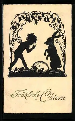 Künstler-AK Osterhase und Elfe vor zerbrochenem Ei