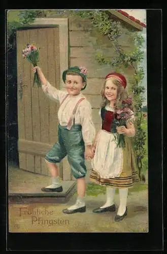 AK Kinder gratulieren mit Blumen zu Pfingsten