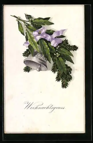 Künstler-AK Silberglocke mit lilanem Band und Blätterzweig zu Weihnachten