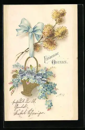 Präge-AK Korb mit silbernen Eiern und blauer Schleife für Ostern
