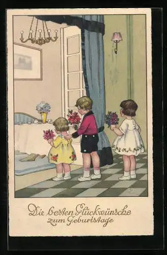 Künstler-AK Drei Kinder mit Rosensträussen als Geschenk zum Namenstag