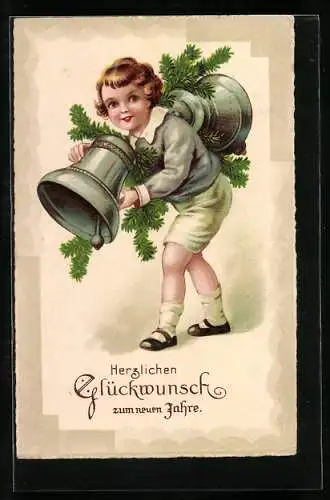 Künstler-AK Kind mit zwei Glocken und Tannenzweigen zu Neujahr