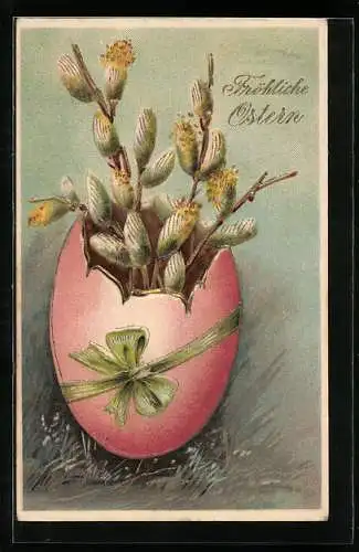 AK Kätzchenzweige im Osterei, Ostergruss