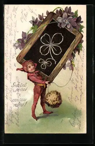 AK Junge mit Kleeblättern auf der Tafel, Neujahrsgruss