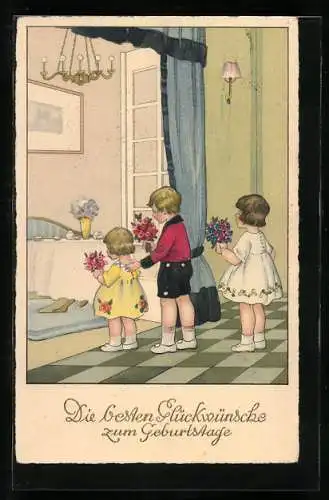 Künstler-AK Kinder mit Blumensträussen zum Geburtstag ihrer Mutter