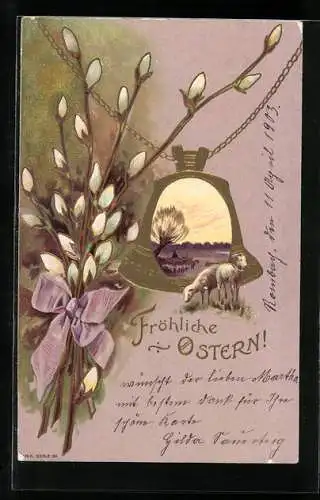 Präge-AK Glocke, Lämmer und Weidenkätzchen an Ostern auf der Weide