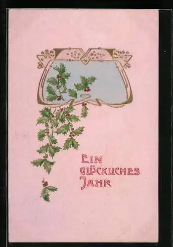 Präge-AK Stechpalmen fallen zu Neujahr aus goldenem Rahmen