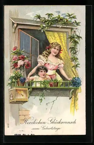 Präge-AK Mutter mit Kind schaut am Geburtstag aus dem Fenster