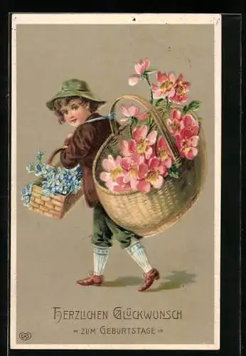 AK Junge schleppt grossen Blumenkorb auf dem Rücken