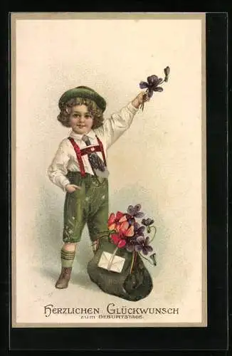Präge-AK Kleiner Bursche in Tracht verschenkt zum Geburtstag Veilchen