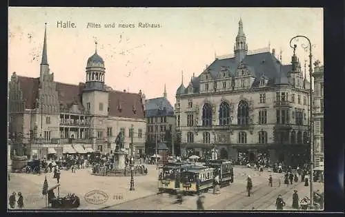 AK Halle / Saale, Altes und neues Rathaus mit Strassenbahn