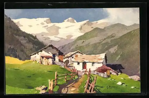Künstler-AK S. Bonelli: Hütten auf Alm vor Bergpanorama