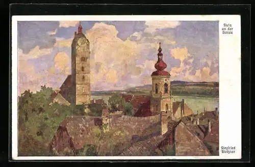 Künstler-AK Stein an der Donau, Ortspartie
