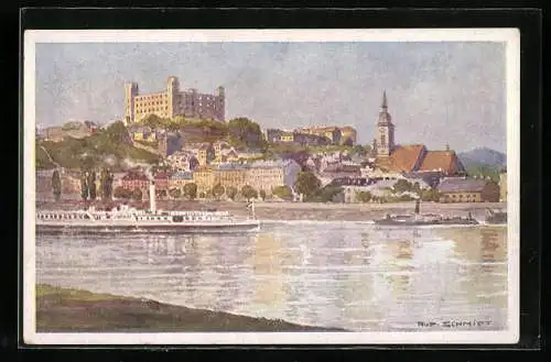 Künstler-AK Rudolf Schmidt: Pozsony, Dampfer passiert die Stadt